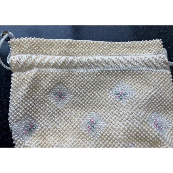 Vtg 1950's Candy Dot Beaded Drawstring Handbag Beige & Clear Colored Bakelite - Picture 5 of 9